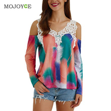 Off Shoulder Women Blouses Tie Dye Cut Out Lace Splicing Long Sleeve Shirt Women Print Blusa Women Tops blusas femininas ELY