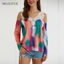 Off Shoulder Women Blouses Tie Dye Cut Out Lace Splicing Long Sleeve Shirt Women Print Blusa Women Tops blusas femininas ELY