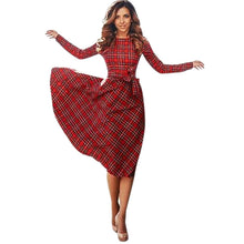 Plaid Dress Women Casual Red Plaid Long Sleeve Waisted Party Dress ELY