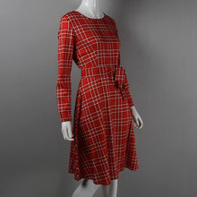 Plaid Dress Women Casual Red Plaid Long Sleeve Waisted Party Dress ELY