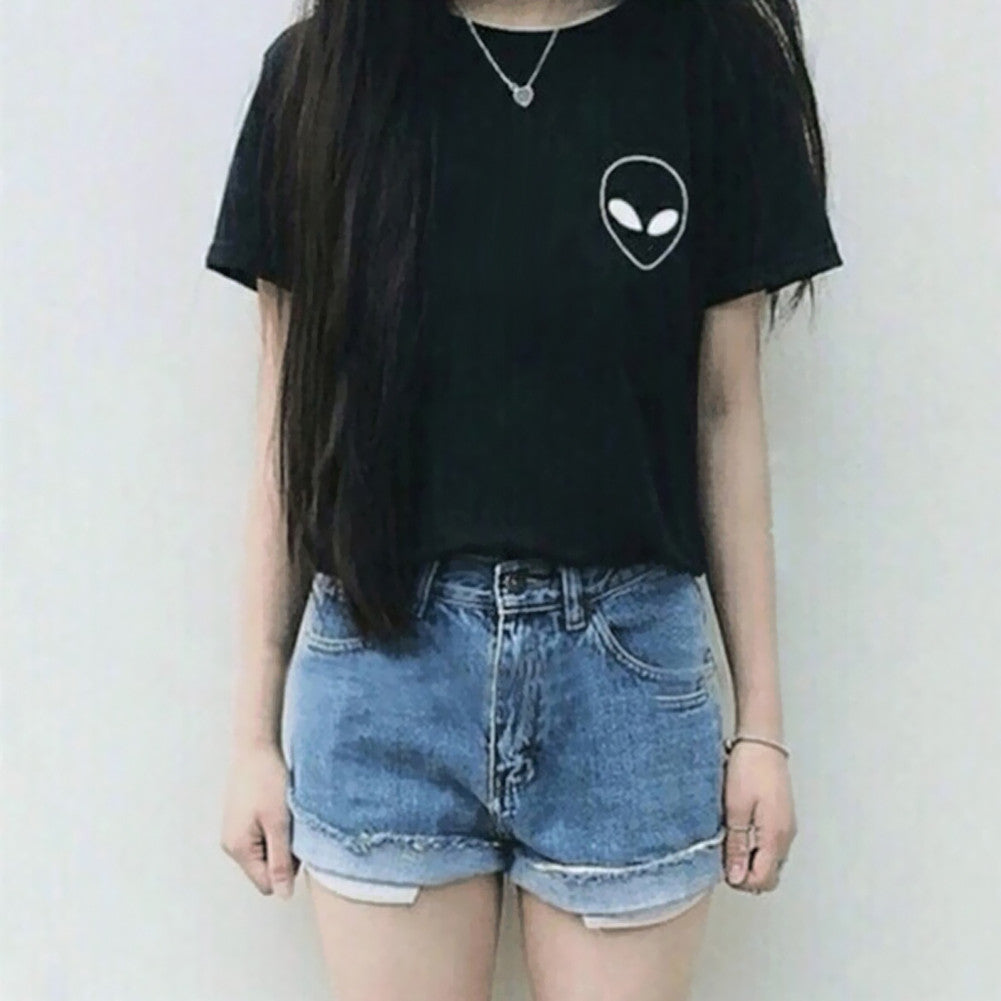 T Shirt Women Style Unique Print Tops Short Sleeve T-shirts Casual Crop Top Alien Printing T-Shirt 1STL ELY