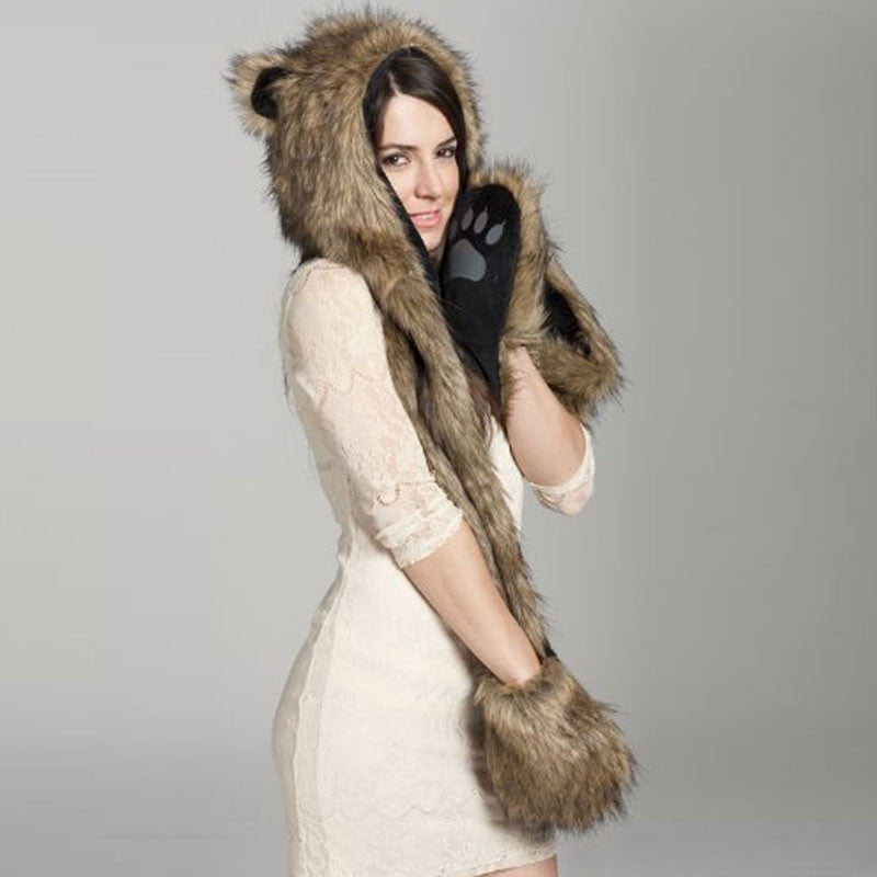Warm Animal Beanies for Adults Fur Hat Scarf Fluffy Plush Cap Gorro Animal Hood Ear Hood Shawl Glove Animal Hat 1STL ELY