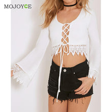 Lace Up White Chiffon Blouse Shirt Women Long Sleeve Casual Cross Chic Women Blouse Blusas Women Tops Blusas y Camisas Mujer ELY