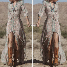 Lady Causal Long Sleeve Women Dress Vestidos De Festa Beach Boho Long Dress Bohemian V Neck Print Dress vestido de festa ELY