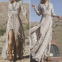 Lady Causal Long Sleeve Women Dress Vestidos De Festa Beach Boho Long Dress Bohemian V Neck Print Dress vestido de festa ELY