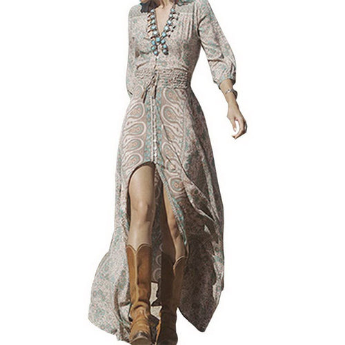 Lady Causal Long Sleeve Women Dress Vestidos De Festa Beach Boho Long Dress Bohemian V Neck Print Dress vestido de festa ELY
