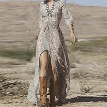 Lady Causal Long Sleeve Women Dress Vestidos De Festa Beach Boho Long Dress Bohemian V Neck Print Dress vestido de festa ELY