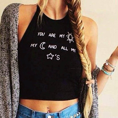 Letter Print Crop Tops Women Print Sleeveless Cropped Feminino Halterneck Tank Tops Vest Black Women Shirt Blusa for 1STL ELY
