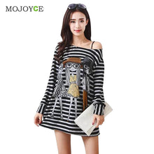 Loose Stripe Long Tee Shirt T Shirt Tops Women Cartoon Printing Cropped Plus Size Long Sleeve Blusa Crop Top ELY