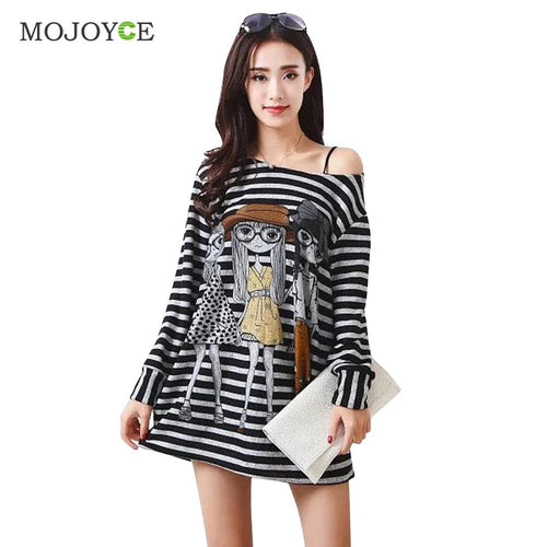 Loose Stripe Long Tee Shirt T Shirt Tops Women Cartoon Printing Cropped Plus Size Long Sleeve Blusa Crop Top ELY