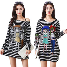 Loose Stripe Long Tee Shirt T Shirt Tops Women Cartoon Printing Cropped Plus Size Long Sleeve Blusa Crop Top ELY