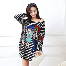 Loose Stripe Long Tee Shirt T Shirt Tops Women Cartoon Printing Cropped Plus Size Long Sleeve Blusa Crop Top ELY