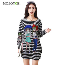 Loose Stripe Long Tee Shirt T Shirt Tops Women Cartoon Printing Cropped Plus Size Long Sleeve Blusa Crop Top ELY