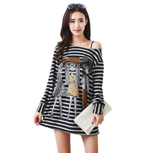 Loose Stripe Long Tee Shirt T Shirt Tops Women Cartoon Printing Cropped Plus Size Long Sleeve Blusa Crop Top ELY
