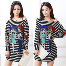 Loose Stripe Long Tee Shirt T Shirt Tops Women Cartoon Printing Cropped Plus Size Long Sleeve Blusa Crop Top ELY