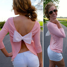 Lovely Pink Women Back Bowknot T Shirt Round Neck 3/4 Sleeve Backless Shirt Sexy Tops 1STL ELY