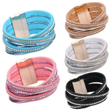 Luxury Leather Braid Crystal Magnetic Buckle Bracelet Wrist Strap Muiltilayer Women Rhinestone Bangles Jewelry Feminina ELY