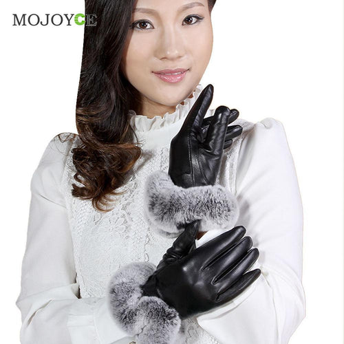 Luxury Warm PU Leather Gloves Women Rabbit Fur Touch Screen Gloves One Size Women Gloves Hand Warmer Christmas Gift ELY