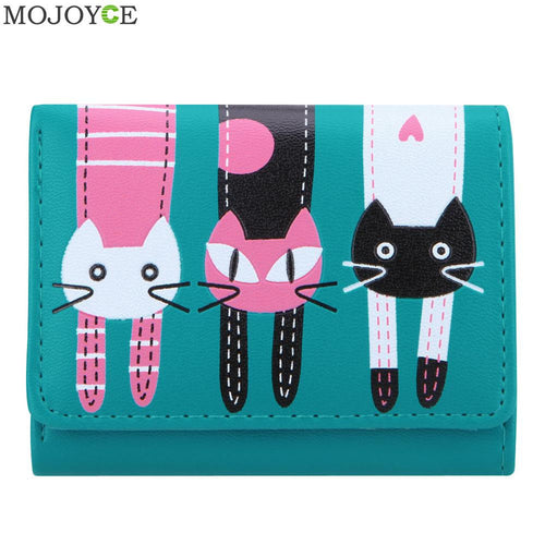 Mini Women Purse Lovely Cats Print Bifold Leather Wallet Card Holder Purse Zipper Multiple Cards Holder Embossed PU Holder ELY