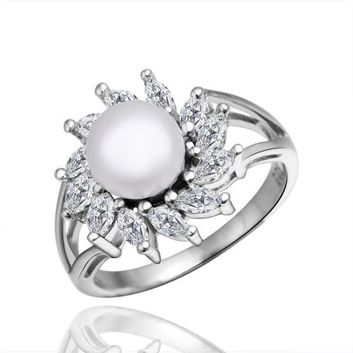 Platinum Plated Simple Zircon simulated pearl wedding Ring Jewelry Rings NPLR 1 ELY