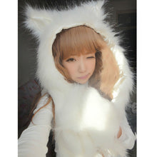 Fahsion Warm Animal Fur Hat Scarf Fluffy Plush Cap Ear Hood Shawl Glove 1STL ELY