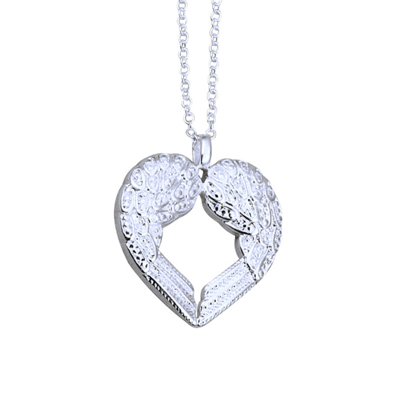 Silver Plated Heart-shaped Pendant Necklace Gift Angel Heart Wings Jewelry ELY