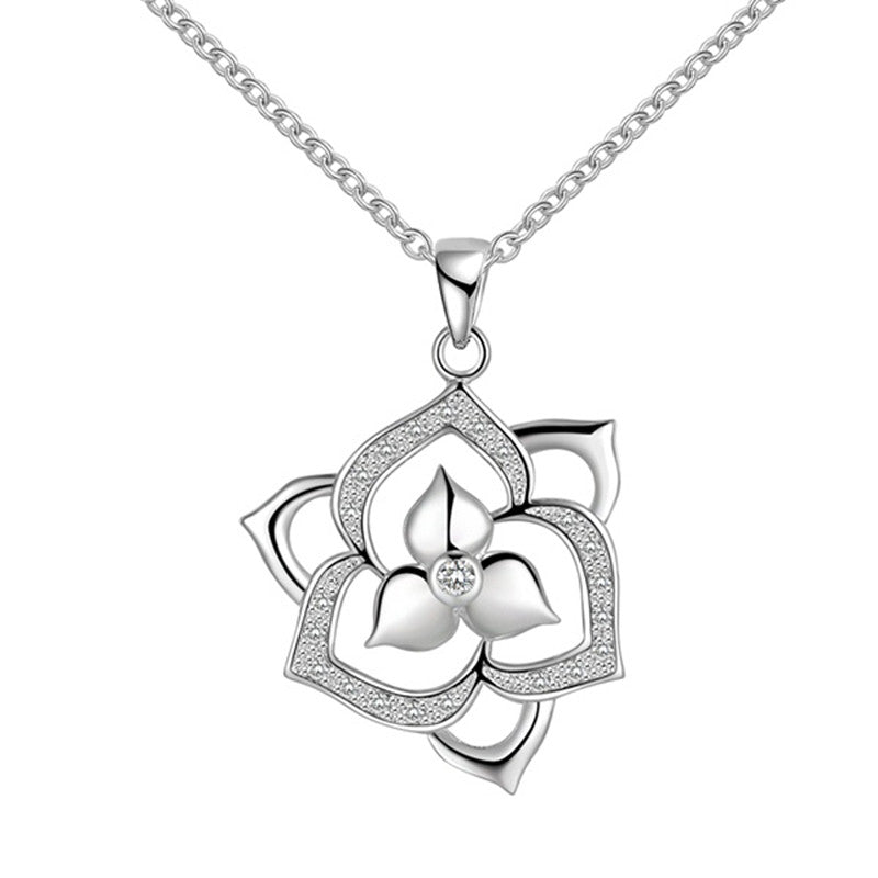 Silver Plated Inlay Zircon Flower Pendant Necklace Beautiful Flower Jewelry ELY