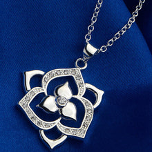 Silver Plated Inlay Zircon Flower Pendant Necklace Beautiful Flower Jewelry ELY