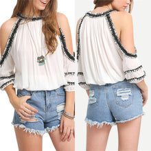 Womens Tops Round Neck Short Sleeve Chiffon T-Shirts White Tassel Crochet Off Shoulder Tee ELY