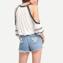 Womens Tops Round Neck Short Sleeve Chiffon T-Shirts White Tassel Crochet Off Shoulder Tee ELY