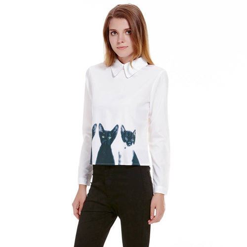 Cats Print Women Blouses All-match Pullover Shirt Casual Chiffon Blusas Shirt Women Plus Size camisa feminina ELY