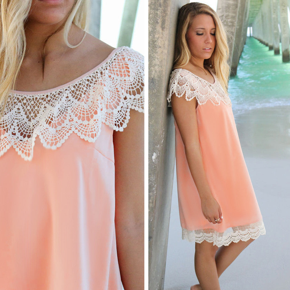 Club Sleeveless Lace Dresses Solid Color Stitching O-neck Halter Women Dress Blue Pink Chiffon Backless Dress 1STL ELY