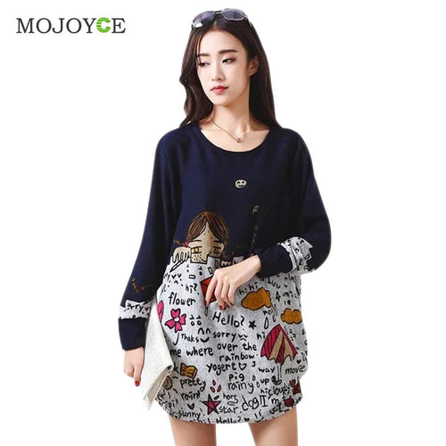 Colorful Loose Long Tee Shirt Women Tops Plus Size Long-Sleeved Knitted Cotton T shirt Women Printing Blusa Top ELY