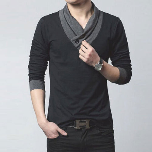 Casual Slim Fit Solid Color V-Neck Long-sleeved Men's T-shirt Casual Cotton Shirts 1STL ELY