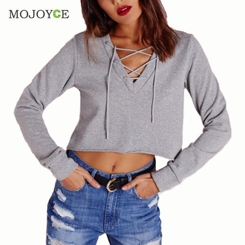 Chest Cross Strap Sweatshirt Women Sexy V Neck Women Tops Gray Long Sleeve Sweatshirt Hoodies Pullovers ELY