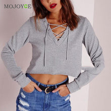 Chest Cross Strap Sweatshirt Women Sexy V Neck Women Tops Gray Long Sleeve Sweatshirt Hoodies Pullovers ELY