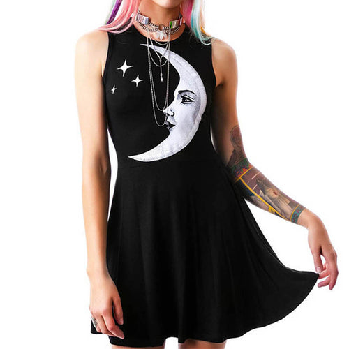 Cool Moon Printed Women Dress Sleeveless Short Black Dresses Vestidos Plus Size Vestido De Festa Dress 1STL ELY