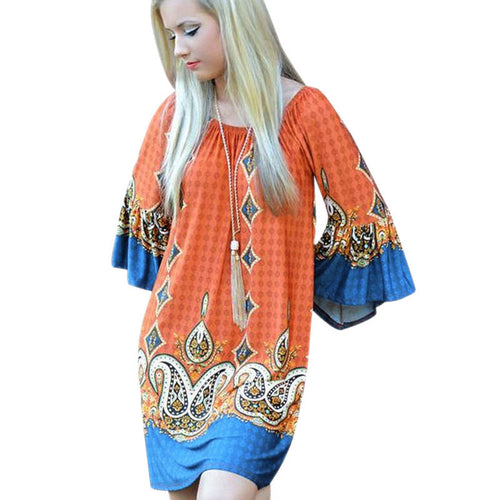 Elegant Print Dress Casual Loose Print Women Dress Vestidos Vintage Boho Dress Vestido de Festa Plus Size ELY