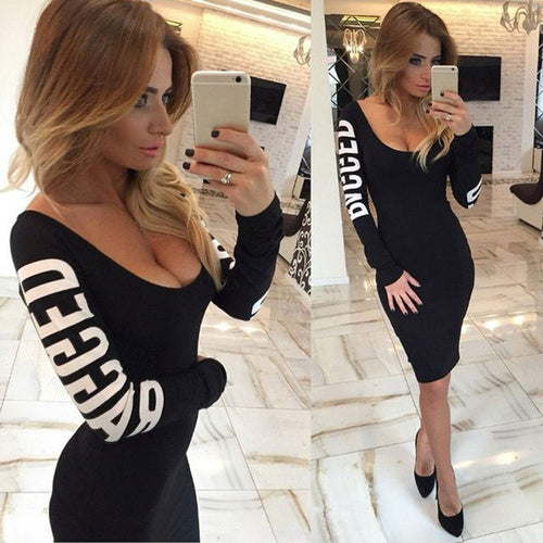 Long-sleeved Slim Casual Dress Letter Femininos Sexy Backless Dress 1STL ELY