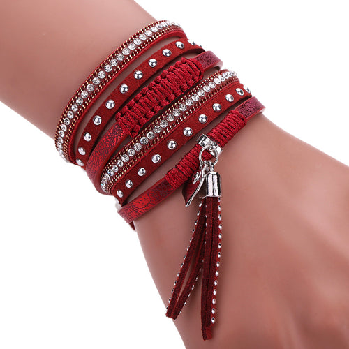 Multilayer Leather Tassels Magnet Bracelet Crystal Rhinestone Wrist Strap Jewelry Feminina Magnetic Buckle Bangles ELY
