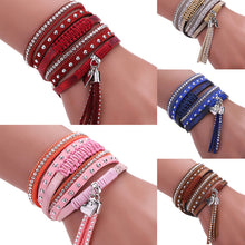 Multilayer Leather Tassels Magnet Bracelet Crystal Rhinestone Wrist Strap Jewelry Feminina Magnetic Buckle Bangles ELY