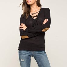 Top Shirt Sexy Lacing V Neck Long Sleeve V-neck Solid Color T shirt Women Tops Camisetas Mujer Crop Tee Shirt Femme ELY