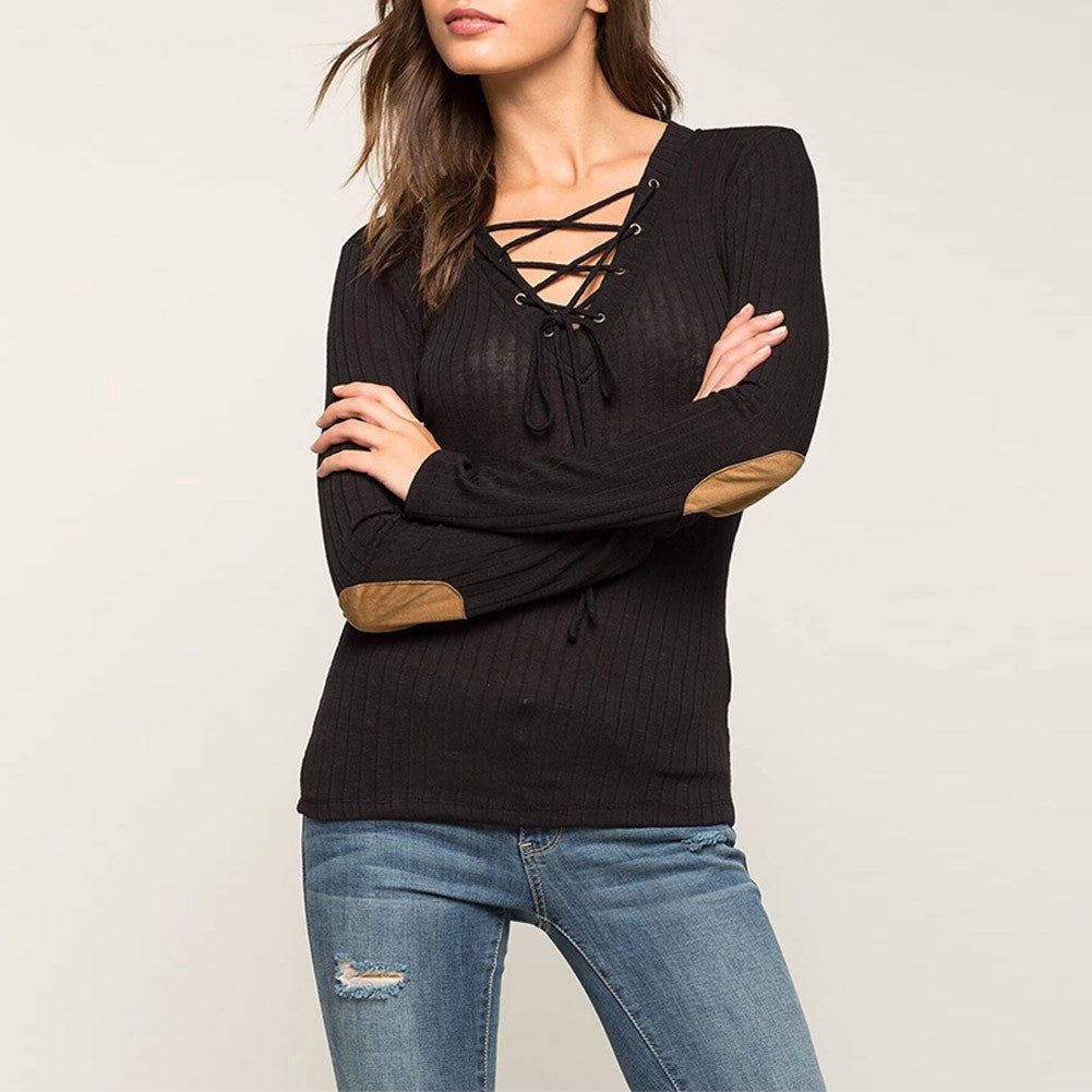 Top Shirt Sexy Lacing V Neck Long Sleeve V-neck Solid Color T shirt Women Tops Camisetas Mujer Crop Tee Shirt Femme ELY