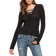Top Shirt Sexy Lacing V Neck Long Sleeve V-neck Solid Color T shirt Women Tops Camisetas Mujer Crop Tee Shirt Femme ELY