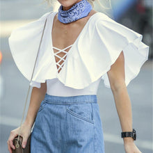 White Women Blouses Fly Sleeve Shirt Women Chest Cross Straps Sexy Short Blusa Deep V-neck Tigh Blusas Women Tops ELY