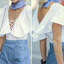 White Women Blouses Fly Sleeve Shirt Women Chest Cross Straps Sexy Short Blusa Deep V-neck Tigh Blusas Women Tops ELY