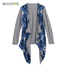 Floral Print Cardigan Women Irregular Long Sleeve Knitted Sweater Blue Knit Cotton Cardigan Open Front Coat Top Plus Size ELY