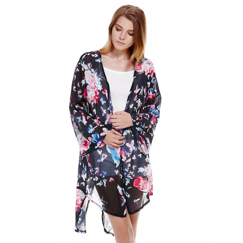Top Women Long Printed Shirts Chiffon Kimono Printed Cardigan V-Neck Half Sleeve Women Sexy Kimono 1STL ELY