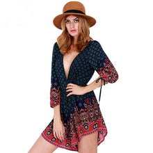 Women Playsuits Long Sleeves Elastic Waist Bodysuit Women Vintage Deep V Neck Printed Jumpsuit Rompers Womens Jumpsuit ELY