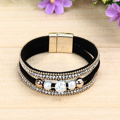 Multilayer Leather Bangle Pearl Rhinestone Beaded Handmade Bracelet Jewelry Gift Magnet Alloy Buckle Bracelet 1STL ELY